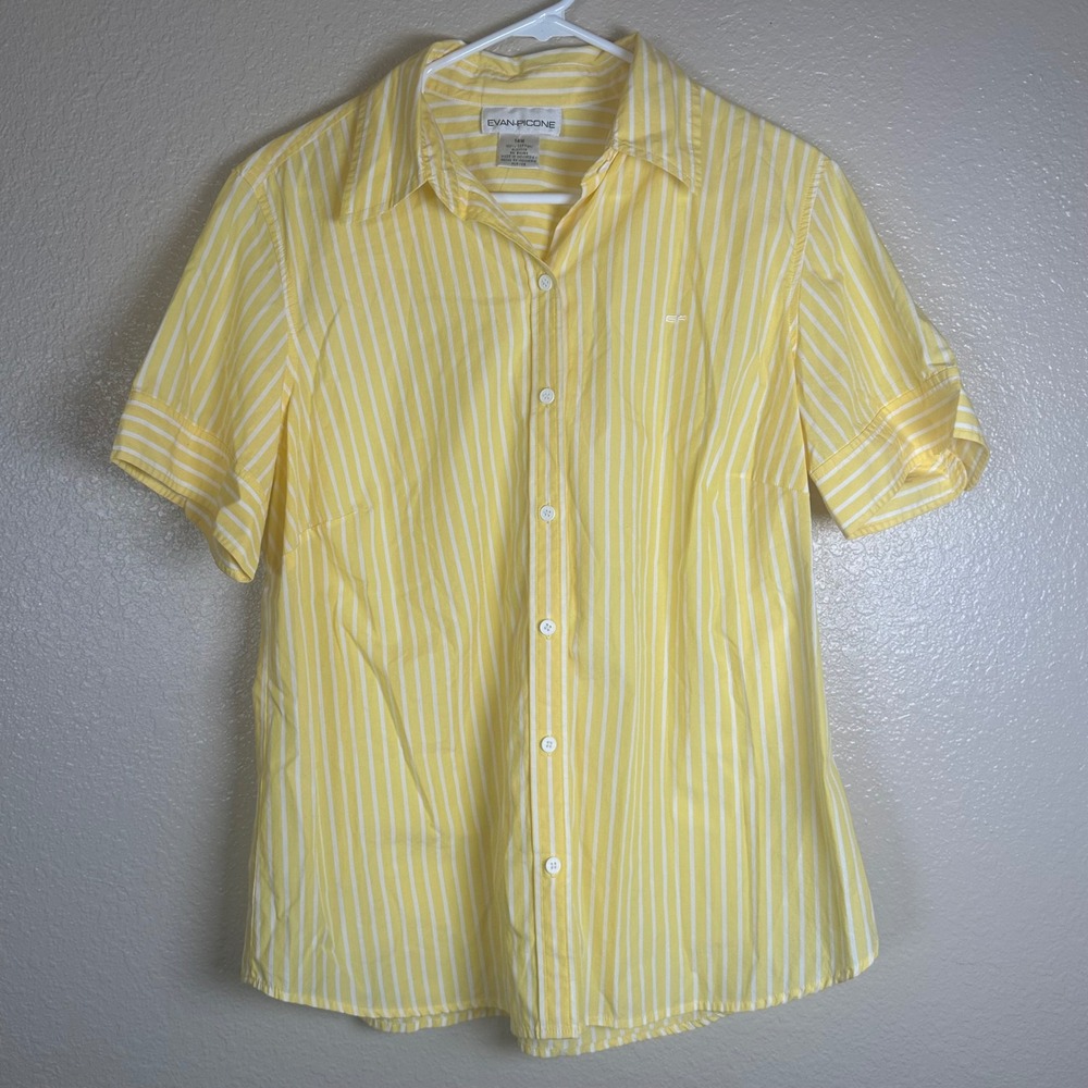 Evan-Picone Womens Yellow White Striped Cotton Button Down Shirt Blouse 14W